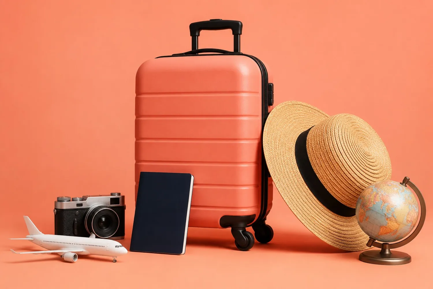 Original travel illustration with luggage, a globe and travel essentials