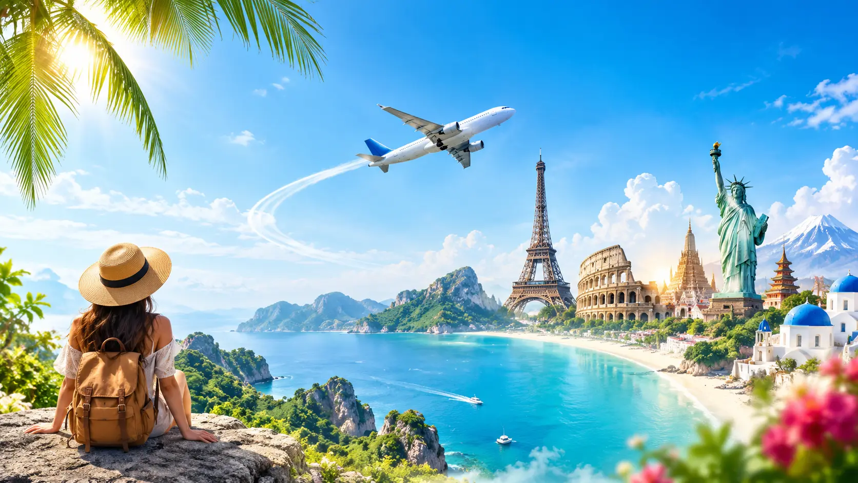 Turquoise island lagoon, palm trees and a seaplane